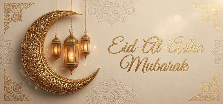 Eid Mubarak Celebration With Traditional Islamic Decorations and Crescent Moon