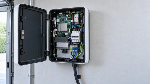 Open EV charger wallbox with visible internal circuit board and wiring