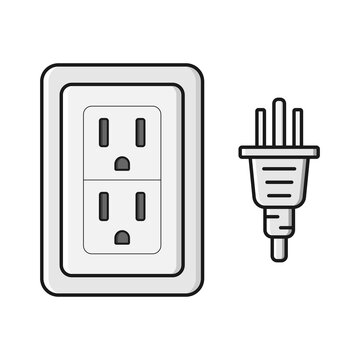 Flat vector illustration of a grey electrical socket with two outlets and a disconnected power plug icon for energy and utility concepts