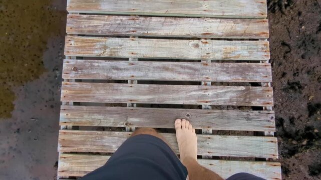 Walking barefoot on wooden platform walkway over mangrove and mudflat environment on tropical island in Fiji, South Pacific
