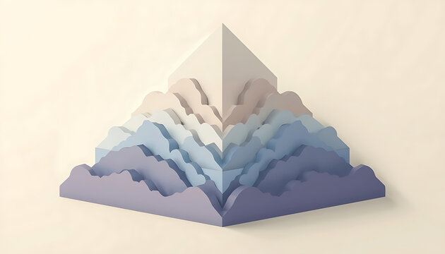 Vector illustration isolated transparent pyramid of layered paper mountains with blue clouds for modern infographic design.