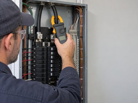 Electrician using clamp meter on home electrical service panel