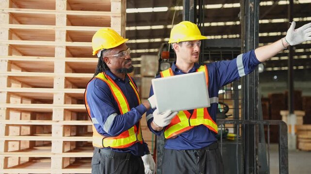 Two diverse factory workers in safety helmets and reflective vests use a laptop among stacked wooden pallets and lumber in an industrial warehouse.