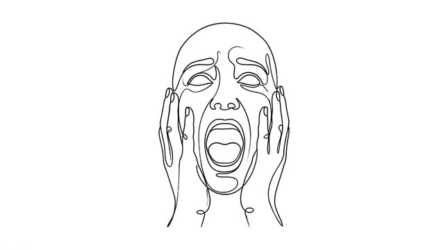 Continuous line drawing of a screaming face showing intense emotion.