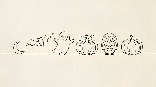 Continuous single line drawing of Halloween symbols including a ghost, pumpkin, owl, and bat.