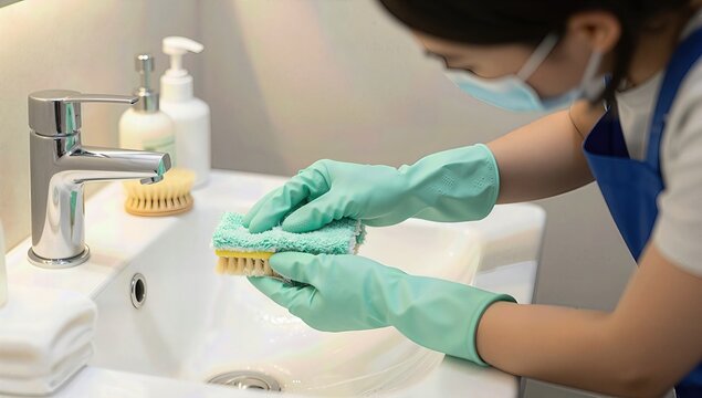 Professional Housekeeper Wearing Protective Mask and Gloves Cleaning a White Bathroom Sink with a Green Sponge and Scrub Brush in a Modern Bright Interior Setting