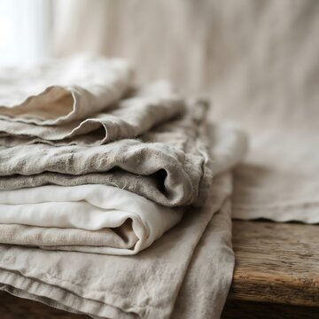 A stack of soft natural linen fabric cloths folded on a rustic wooden table.