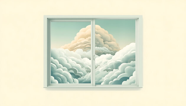 Closed sliding window frame vector illustration showing fluffy sky clouds for minimalist interior design and home decor.