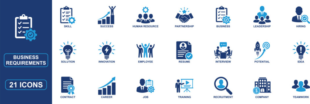 Business requirements and corporate management icon set featuring recruitment, leadership, teamwork, human resources, hiring, career growth, employee development and professional success symbols