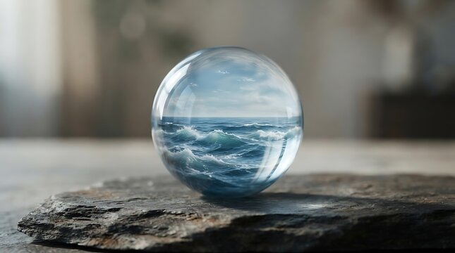 A crystal glass sphere showing a miniature ocean scene resting on a stone surface.