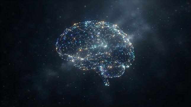 Abstract digital representation of a human brain glowing with network connections in dark space.