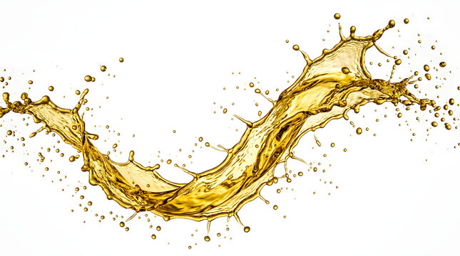 Golden Liquid Oil Splash With Droplets Isolated On White Background | Wavy Cooking Oil Splash Swirl On Pure White Backdrop | Dynamic Yellow Amber Liquid Splash For Product Design