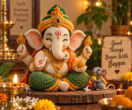 Crochet ganesha idol with mouse for ganesh chaturthi