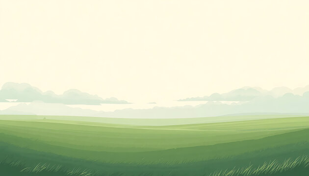 Minimalist landscape illustration featuring green rolling hills and soft clouds under bright sky for nature background.