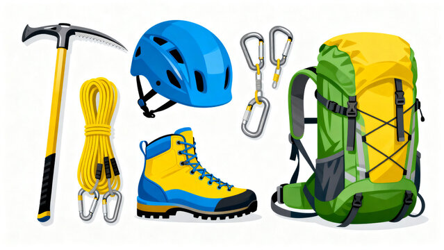 Set of Mountaineering and Hiking Equipment, Climbing Gear and Camping Accessories Vector Illustration