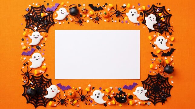 Halloween background with a white paper frame decorated with cute ghosts and spiders on orange surface