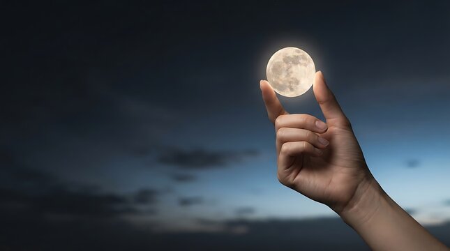 A hand holding the full moon against a dark cloudy night sky.