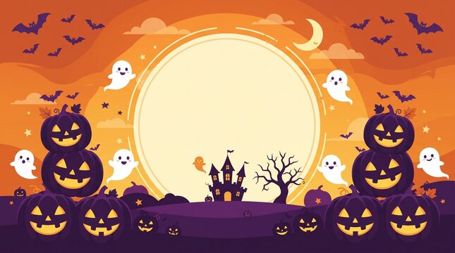 Halloween background with spooky pumpkins ghosts and a haunted castle under a large full moon in orange sky