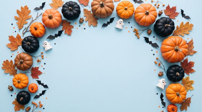 Festive halloween border frame with orange and black pumpkins autumn leaves and bats on light blue background