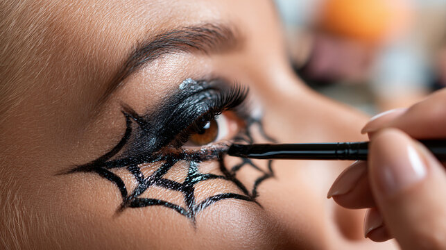 Close up of a spooky spiderweb eye makeup during a Halloween celebration Generative AI