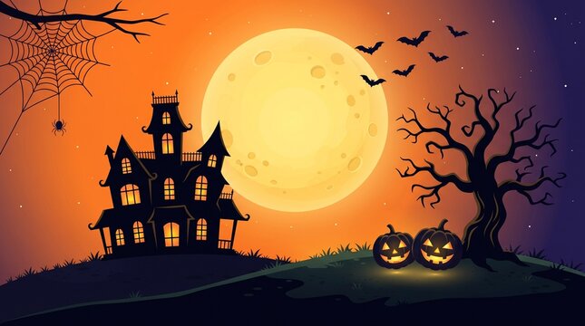 Spooky haunted mansion with glowing pumpkins under a large full moon on a dark halloween night background