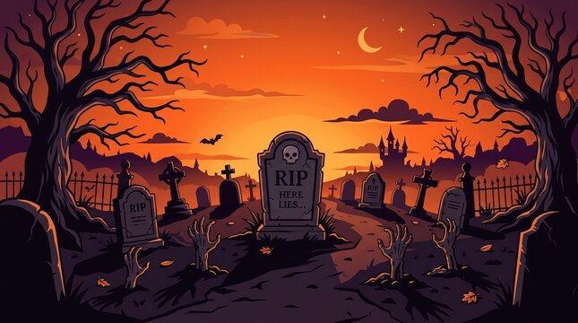 Spooky halloween graveyard scene with silhouettes of tombstones and bare trees against a vibrant orange sunset sky
