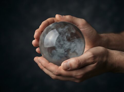 A pair of hands holding a mystical glass orb with swirling smoke inside.
