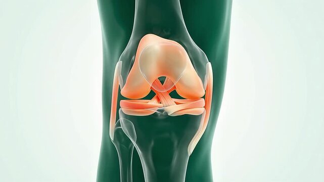 3D medical animation illustrating the human knee joint anatomy with highlighted ligaments and bones for healthcare education