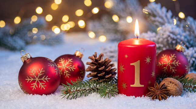 A festive first Advent red candle burning in the snow, decorated with Christmas baubles, pine cones, and bokeh golden lights in the background.