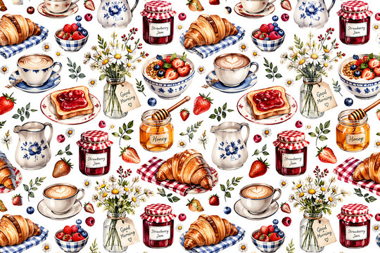 Breakfast pattern with croissants and jam