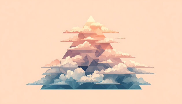 Low poly geometric mountain and cloud vector illustration with sunset orange and blue hues for decorative web banners.