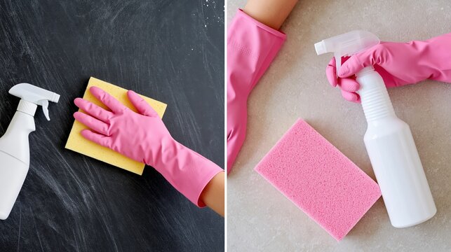 Hands in pink gloves cleaning surfaces with spray bottles and sponges.