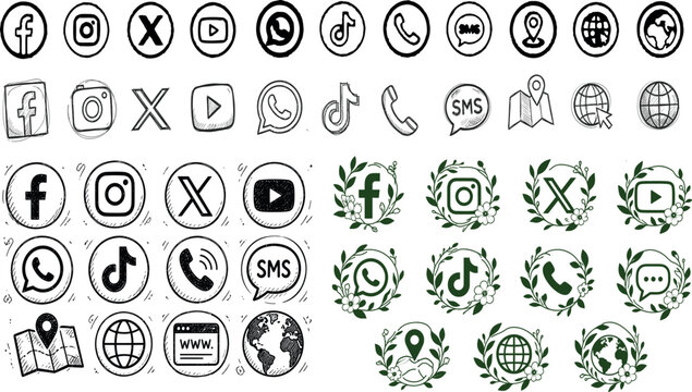 Social media icons and communication symbols in a hand drawn line style