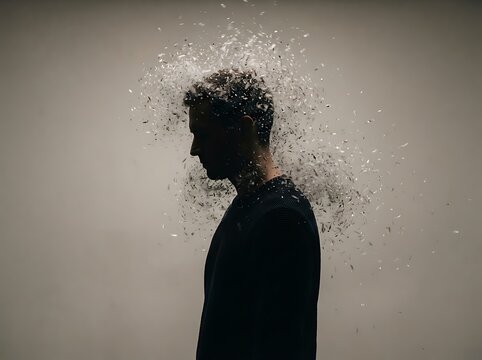 Conceptual silhouette of a man dissolving into particles representing mental health and stress.