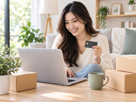 sian woman shopping online with laptop and credit card at home