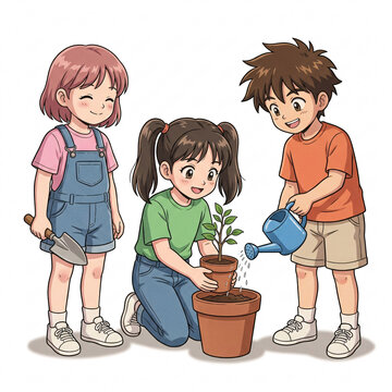 Cheerful Children Gardening Together
