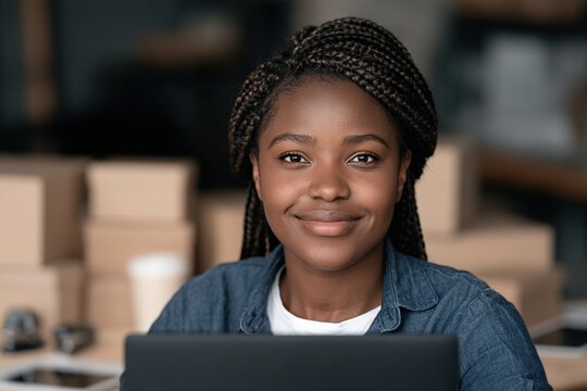 Smiling young woman at a laptop in a small business workspace with shipping boxes in the background.