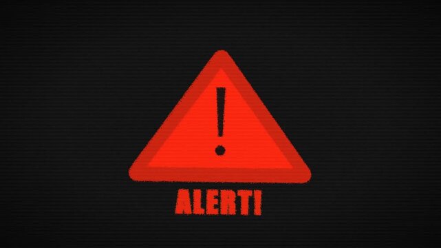 Red warning triangle exclamation mark icon with alert text and digital glitch distortion effect