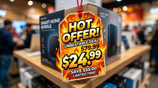 Hot offer price tag on discounted smart home bundle box in retail