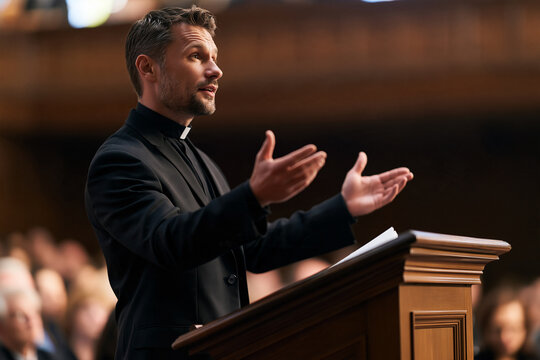 Man priest delivering a heartfelt sermon at a traditional wooden pulpit Generative AI