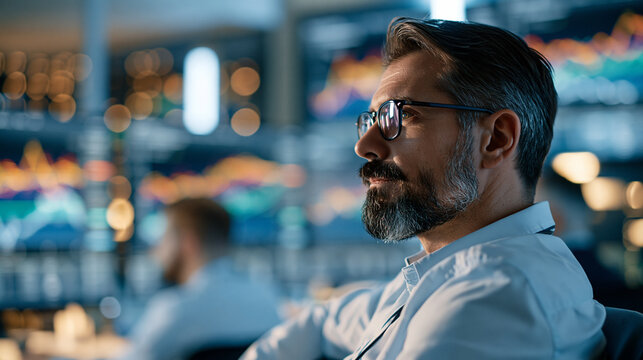 Confident european professional observing the bustling trading floor in a modern financial hub Generative AI