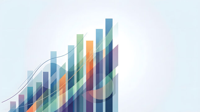 Abstract financial chart illustration showing growing data columns, business growth metrics, and market trends with blue and orange tones.