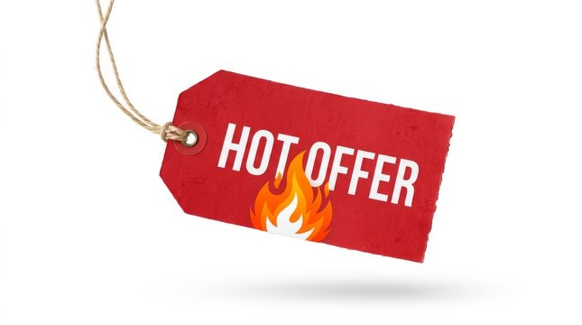 Red price tag with hot offer fire graphic