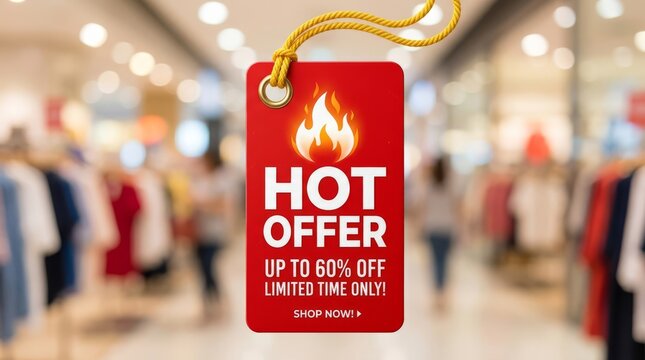 Bright red sale tag with fire graphic advertising high discount