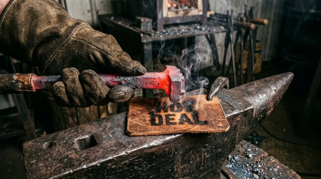 Hand shaping hot metal on anvil in blacksmith workshop