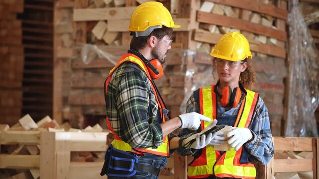 Two industrial workers in safety helmets and reflective vests discuss production tasks inside a lumber workshop, surrounded by stacked timber and woodworking materials.