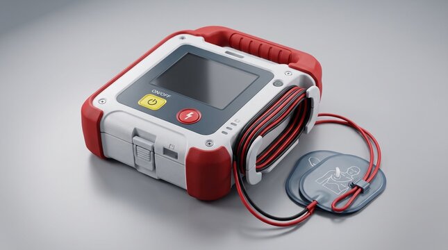 Automated external defibrillator with electrode pads, portable AED medical device for emergency first aid, life-saving cardiac equipment on grey background