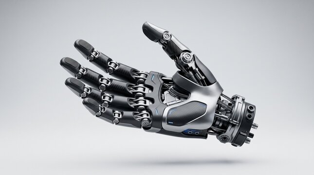 Futuristic robotic hand with mechanical joints, advanced bionic prosthetic arm for medical technology, high-tech cyborg hand on white background