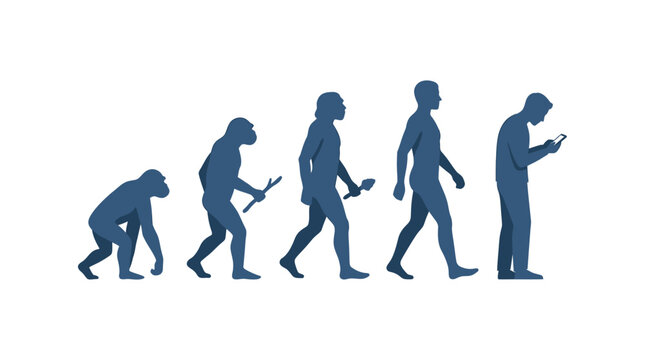 Evolution graphic showing human progress from apes to modern man using smartphones.