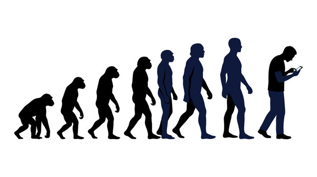 Human evolution sequence depicts the progression from early primates to modern man using a smartphone.